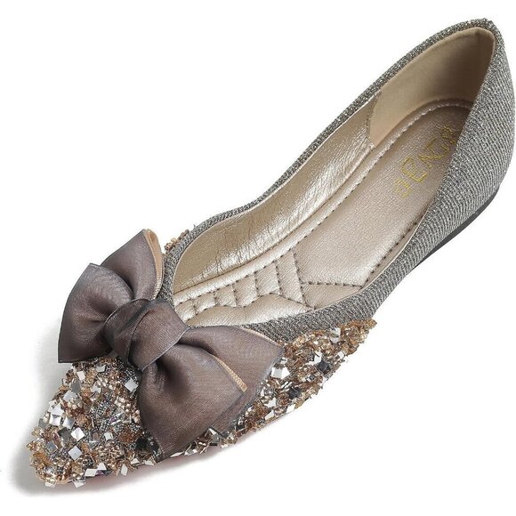 Women Rhinestone Wedding Flats Comfort Pointed Toe Ballet Flats Shoes - Picture 1 of 5